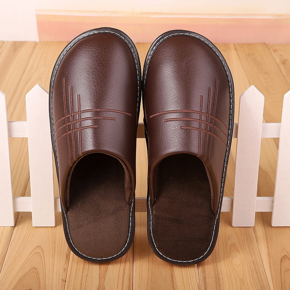韩版情侣居家皮拖鞋秋冬季男士家居皮棉拖鞋厚底防水保暖月子鞋女