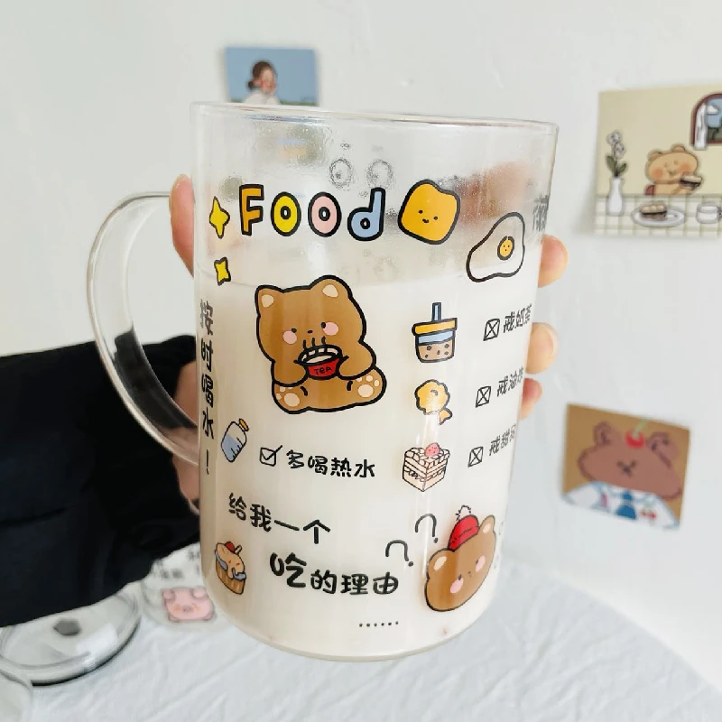 可爱大容量耐热水杯1000ml玻璃杯带盖办公室刻度喝水杯玻璃水杯