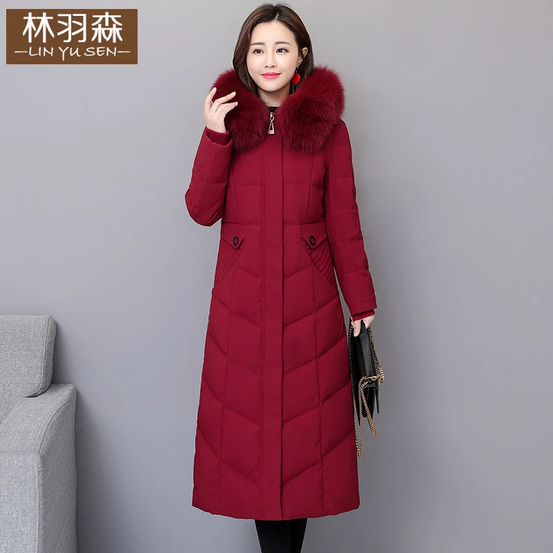 冬季品牌中年长款羽绒服女冬长过膝时尚加厚修身妈妈白鸭绒外套厚