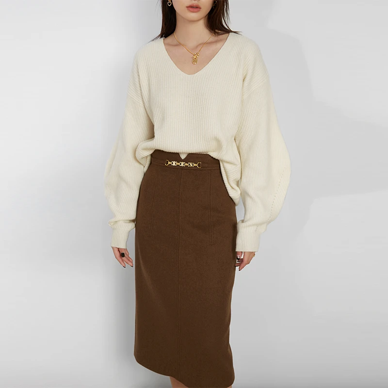 SOULKISS刚需必入 摩登时髦澳洲进口羊毛定制金属链毛呢包臀半裙