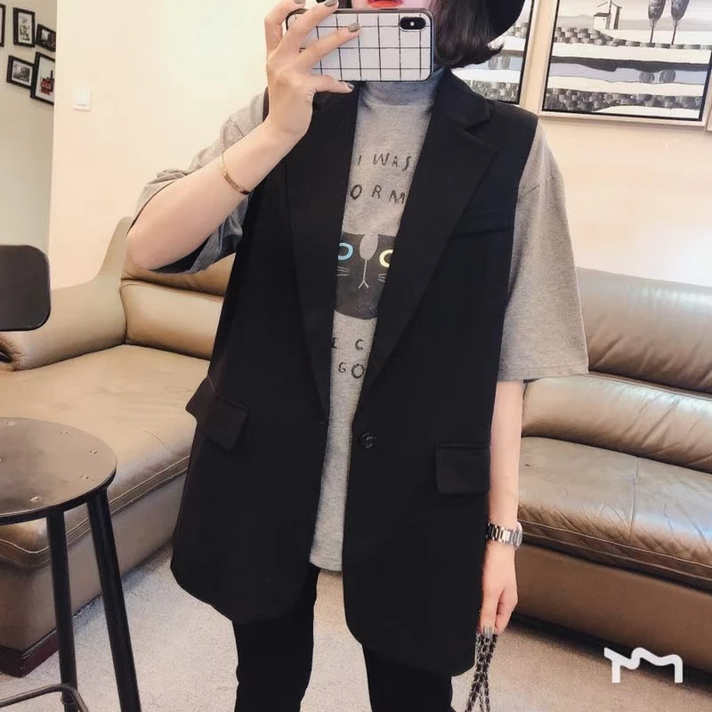 秋冬工字型百搭夏季宽松西装领显瘦马夹韩版中长款春季黑色