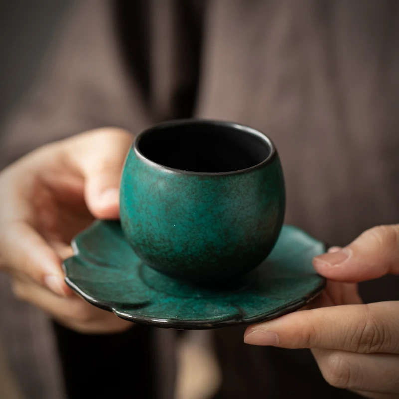 松石绿茶杯 品茗杯日式复古陶瓷青釉茶杯窑变功夫茶具主人单杯盏