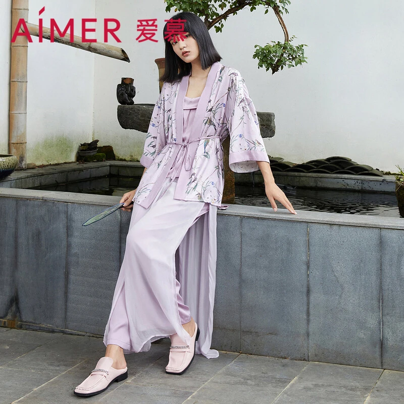 AIMER/爱慕爱慕晓梦阔腿长裤家居服印花薄款夏季女士AM477481气质