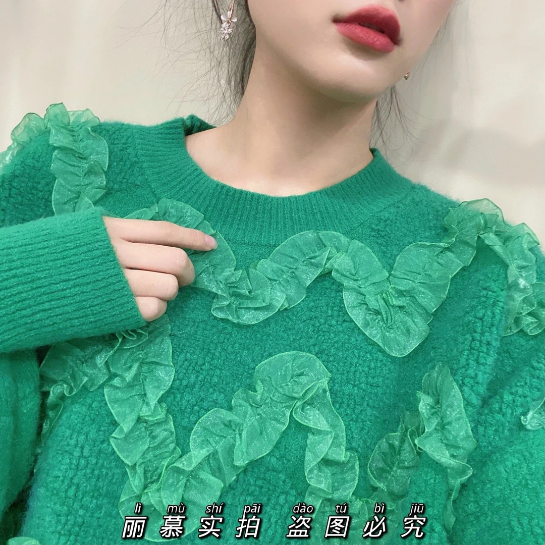 网纱拼接绿色毛衣女秋冬2021年新款设计感小众温柔甜美软糯针织衫