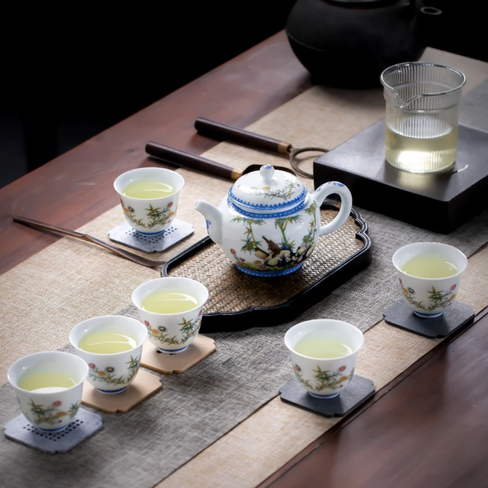 【8头四时如春图白瓷茶具套装】景德镇珐琅彩陶瓷茶杯茶壶款套装