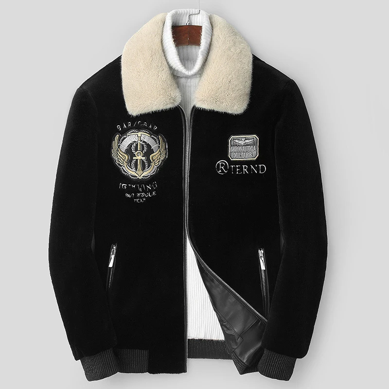 915男士100%羊毛刺绣羊剪绒翻领夹克水貂毛领海宁休闲外套潮流冬