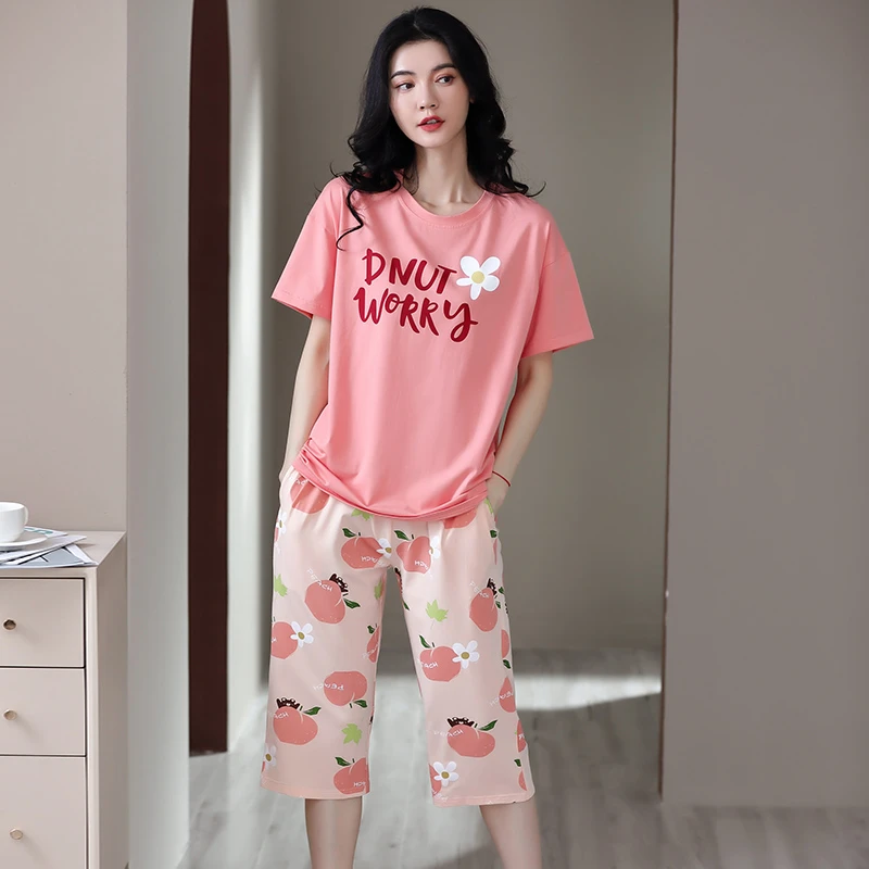 100%全棉学生七分裤睡衣家居服女印花可外穿时尚简约休闲纯棉舒适