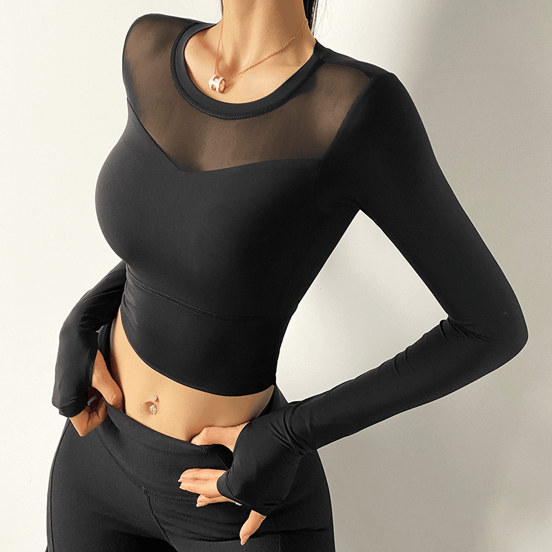 CX518运动上衣女漏肚脐紧身性感网纱瑜伽服速干T恤跑步健身服长袖