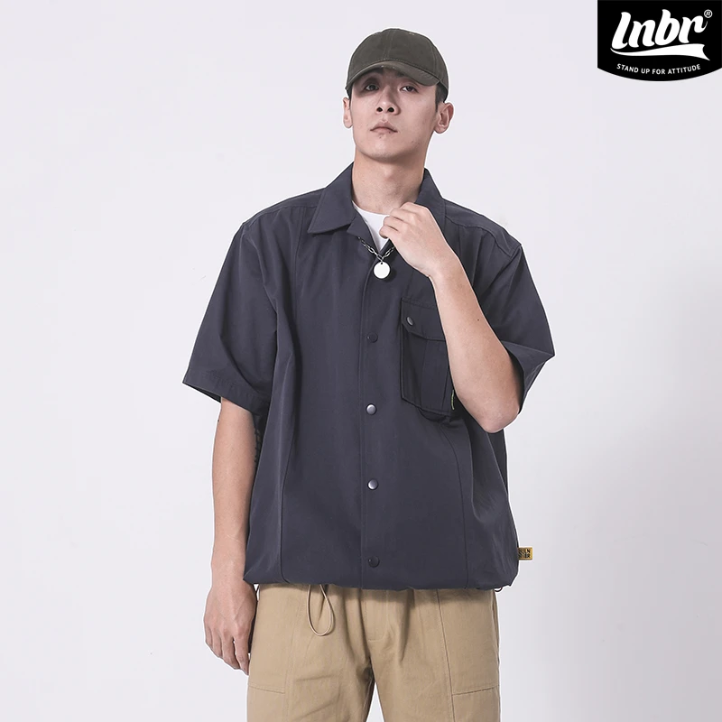 LNBR熊電潮装个性西服领抽绳休闲宽松短袖衬衫男装口袋百搭衬衣