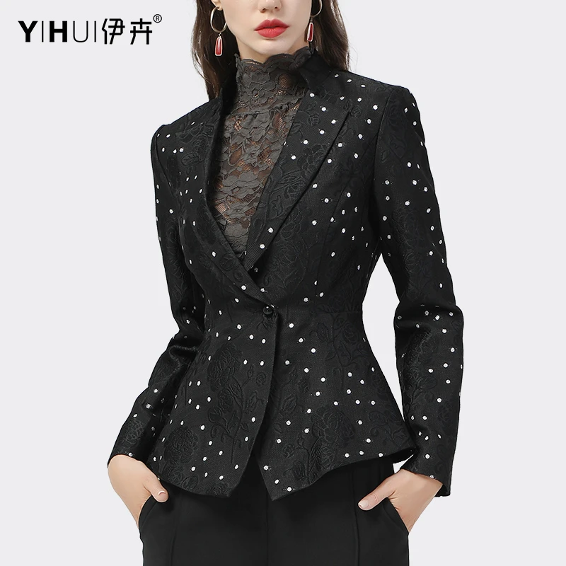 YIHUI伊卉提花小外套女短款收腰小西装领薄款显瘦气质波点WH17021