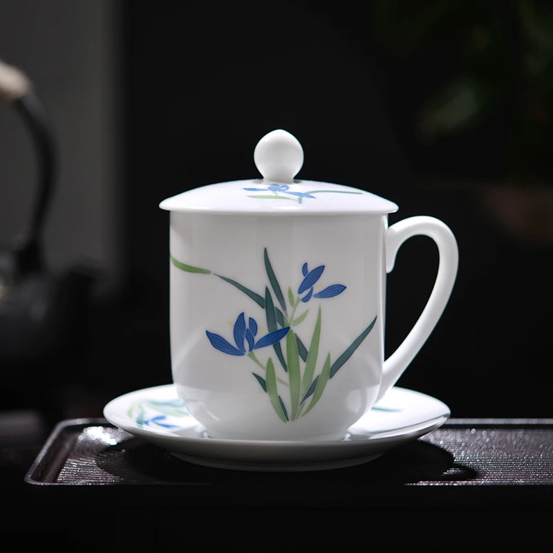 千红窑醴陵陶瓷茶杯中式手绘办公杯带盖带手把家用水杯白瓷礼品杯