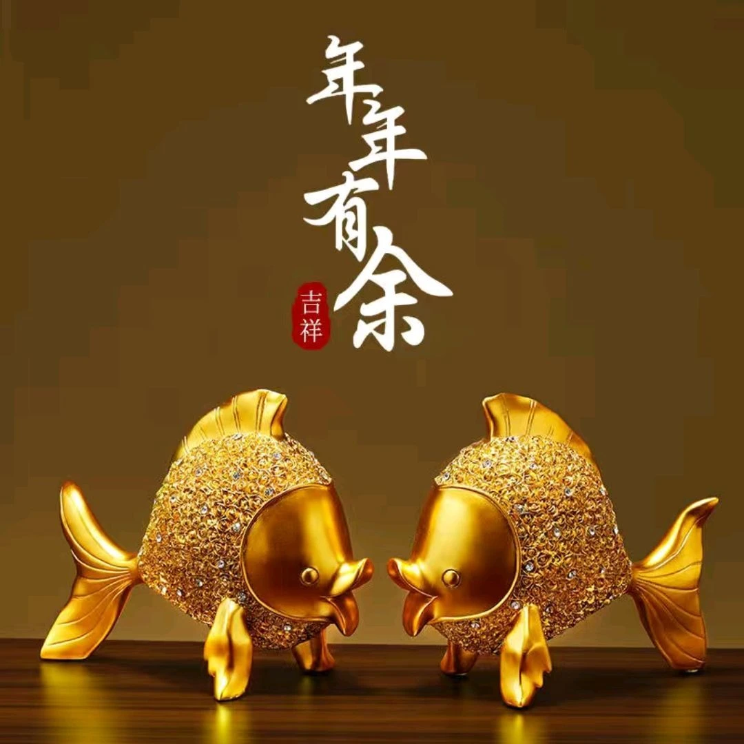 爱情鱼亲嘴鱼电视柜摆件玄关个性酒柜工艺品客厅摆件高档金色个性