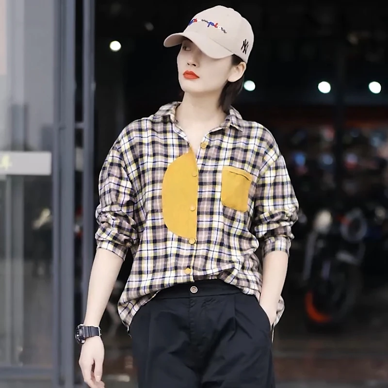 潮牌格子衬衣女2024春秋季新款宽松显瘦时尚休闲翻领长袖百搭衬衫