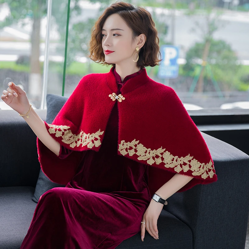 秋冬新娘妈妈晚礼服搭配旗袍披肩外套喜婆婆斗篷结婚婚礼中式外披