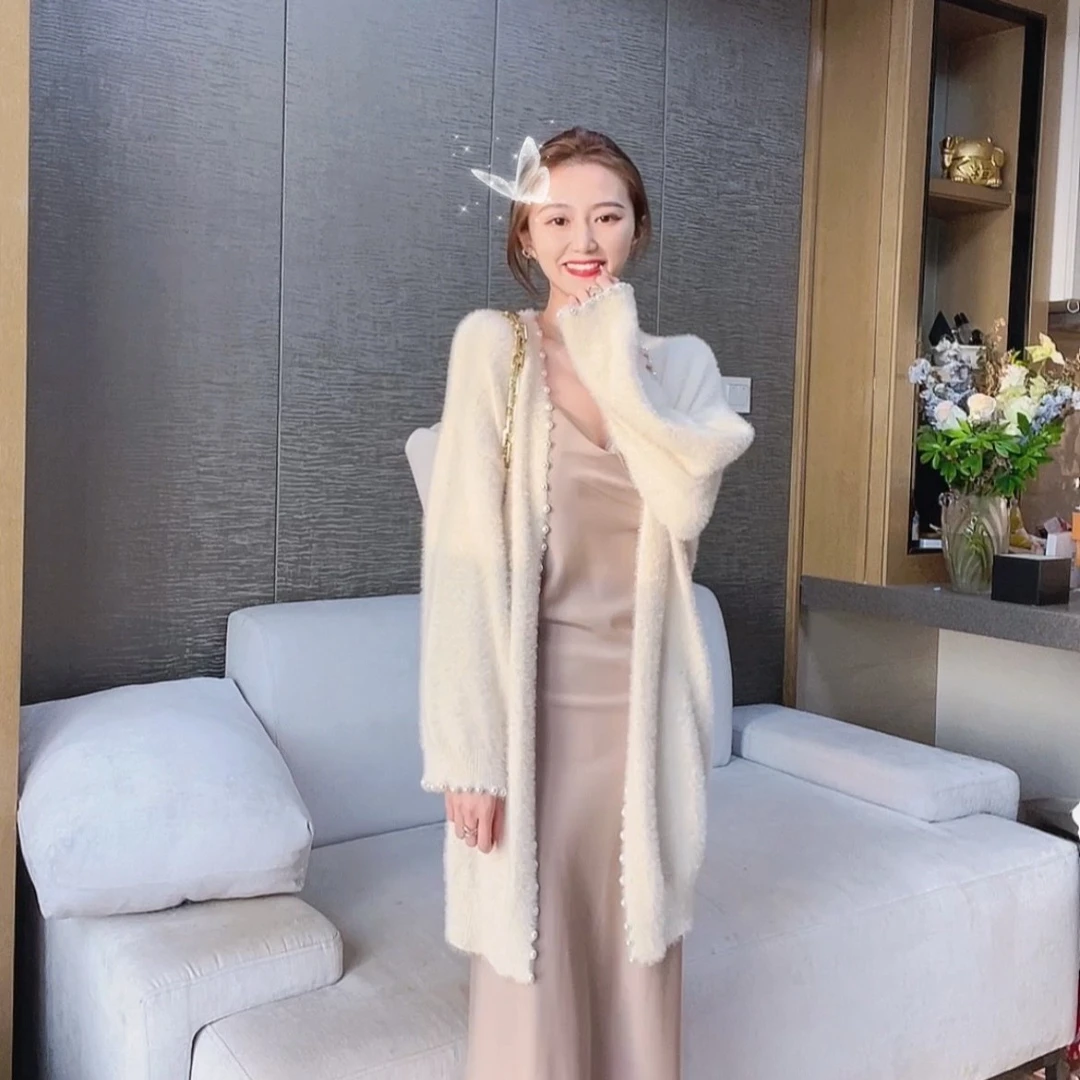 韩剧女主角~绒绒珠珠宽松长款开衫显瘦韩版百搭中长款针织冬季