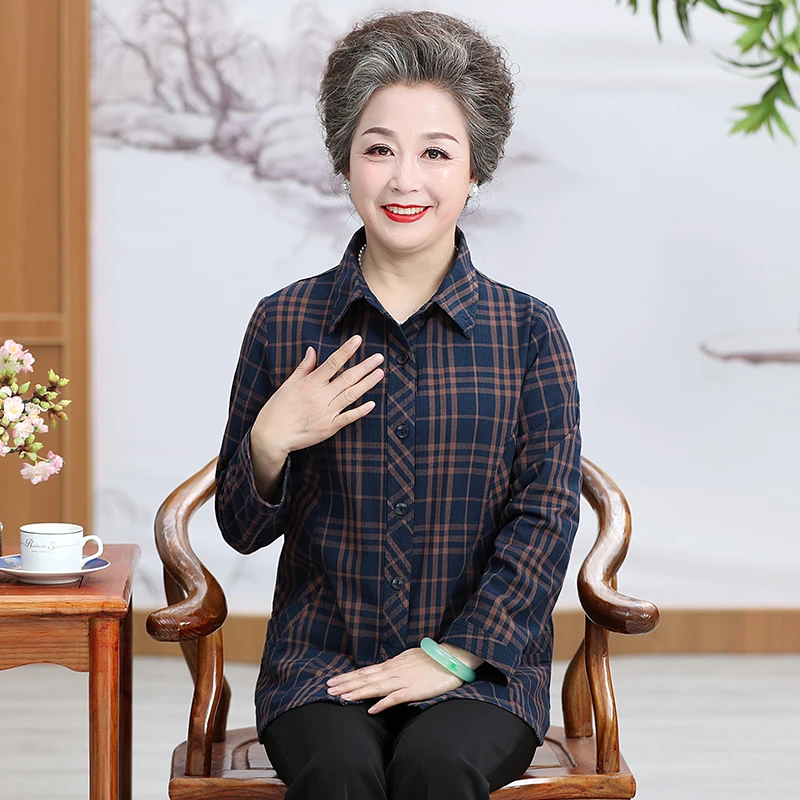 200斤加肥大码棉衬衫胖妈妈女装春秋纯棉格子衬衣奶奶老太宽松版