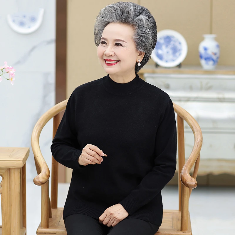 老年纯色码女黑色毛衣打底套头针织衫中年针织中老年人毛衫服装