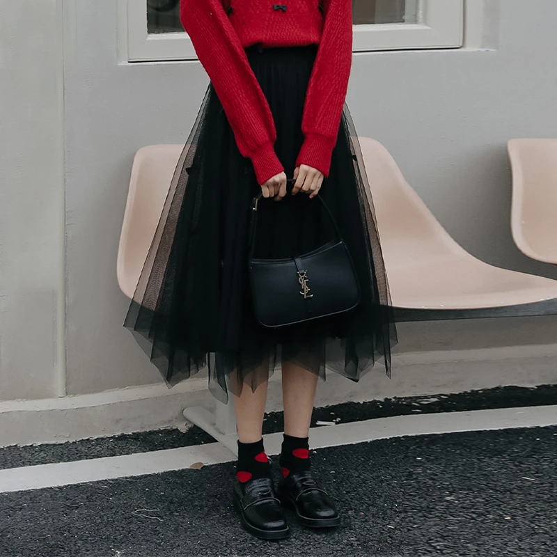 针织半身裙女2021秋冬季新款高腰中长款不规则网纱百褶a字伞裙子