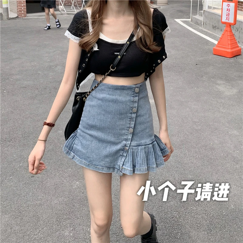 小个子辣妹牛仔半身裙女新款高腰设计感百褶裙短裙夏xs小码显高BQ