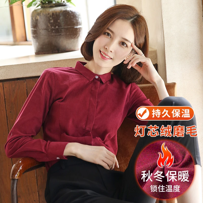 （灯芯绒磨毛）红色衬衫女长袖2024早春上衣洋气保暖加棉衬衣加厚