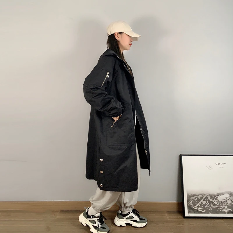 大码风衣女中长款连帽#1802