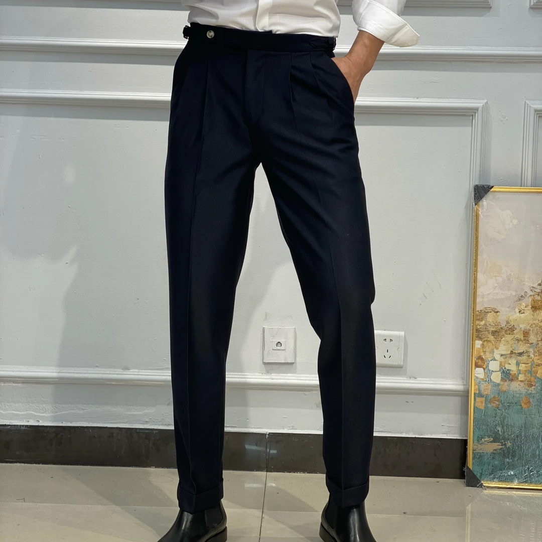 春季新款欧美男士那不勒斯修身九分长裤翻边直筒西裤免烫