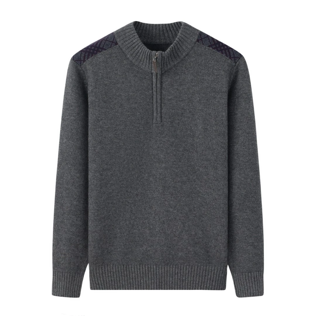 100山羊绒加厚男士半高领拉链套衫肩部装饰肘部提花加固针织打底