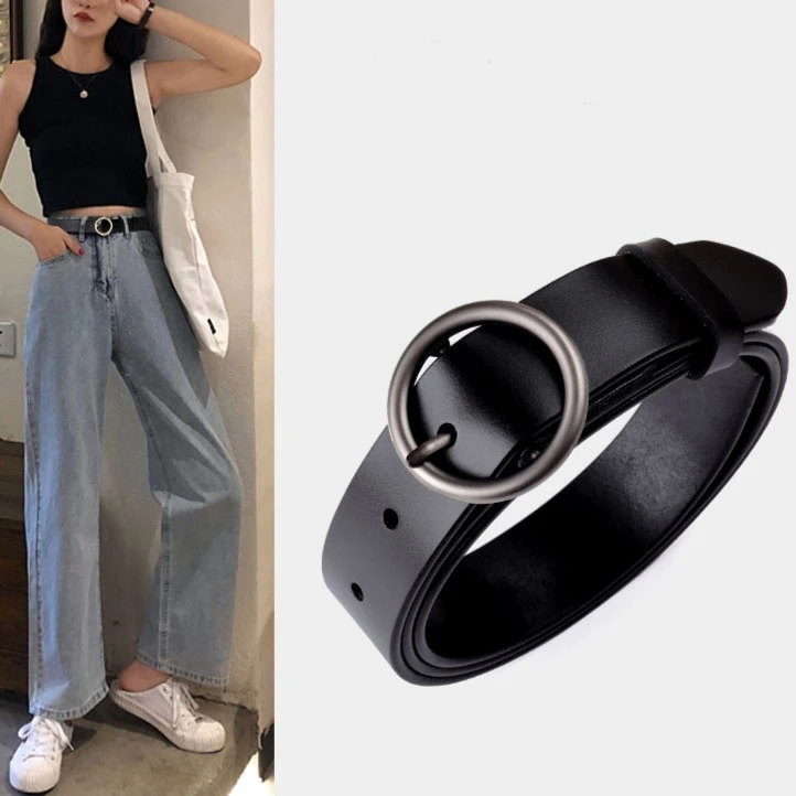 休闲百搭女士皮带圆扣复古针扣腰带牛仔裤裤带黑色真皮学生