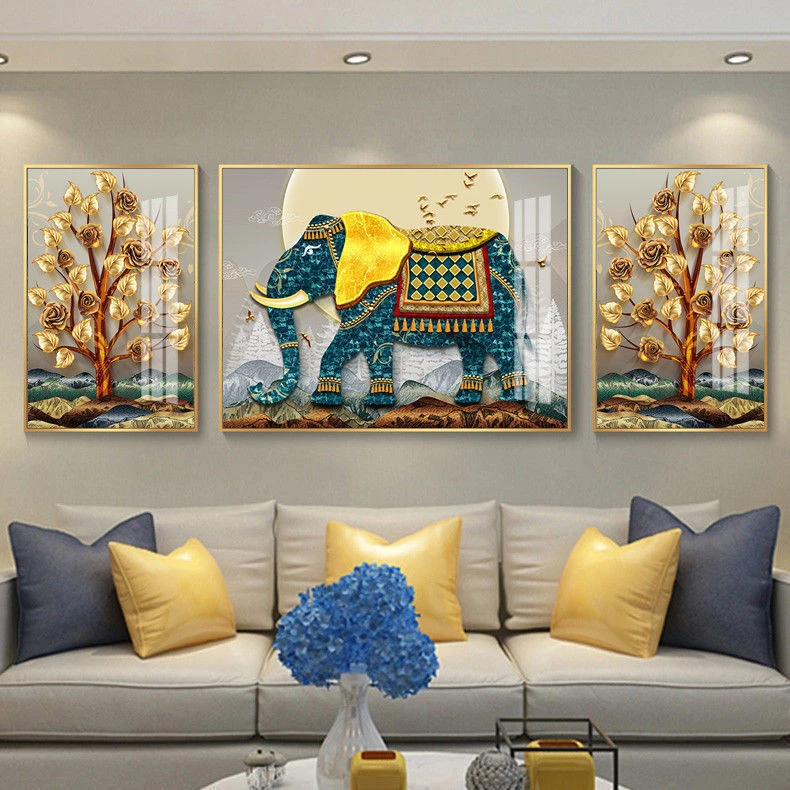 客厅装饰画新款三联画大幅镶钻晶瓷画装饰画现代简约轻奢铝合金