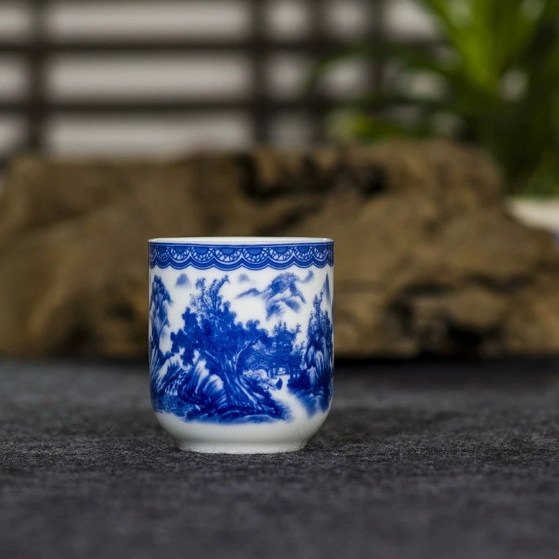 溪山泛舟150ML手绘茶杯竹节杯白瓷直筒1只