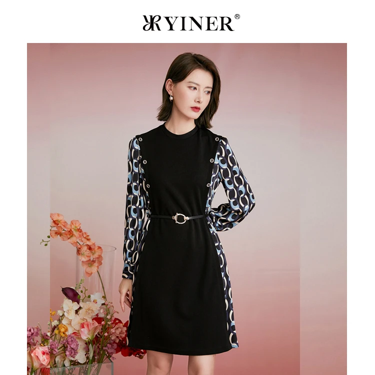 YINER音儿奥莱女装显瘦收腰时尚优雅锁链送腰带连衣裙8C62105356