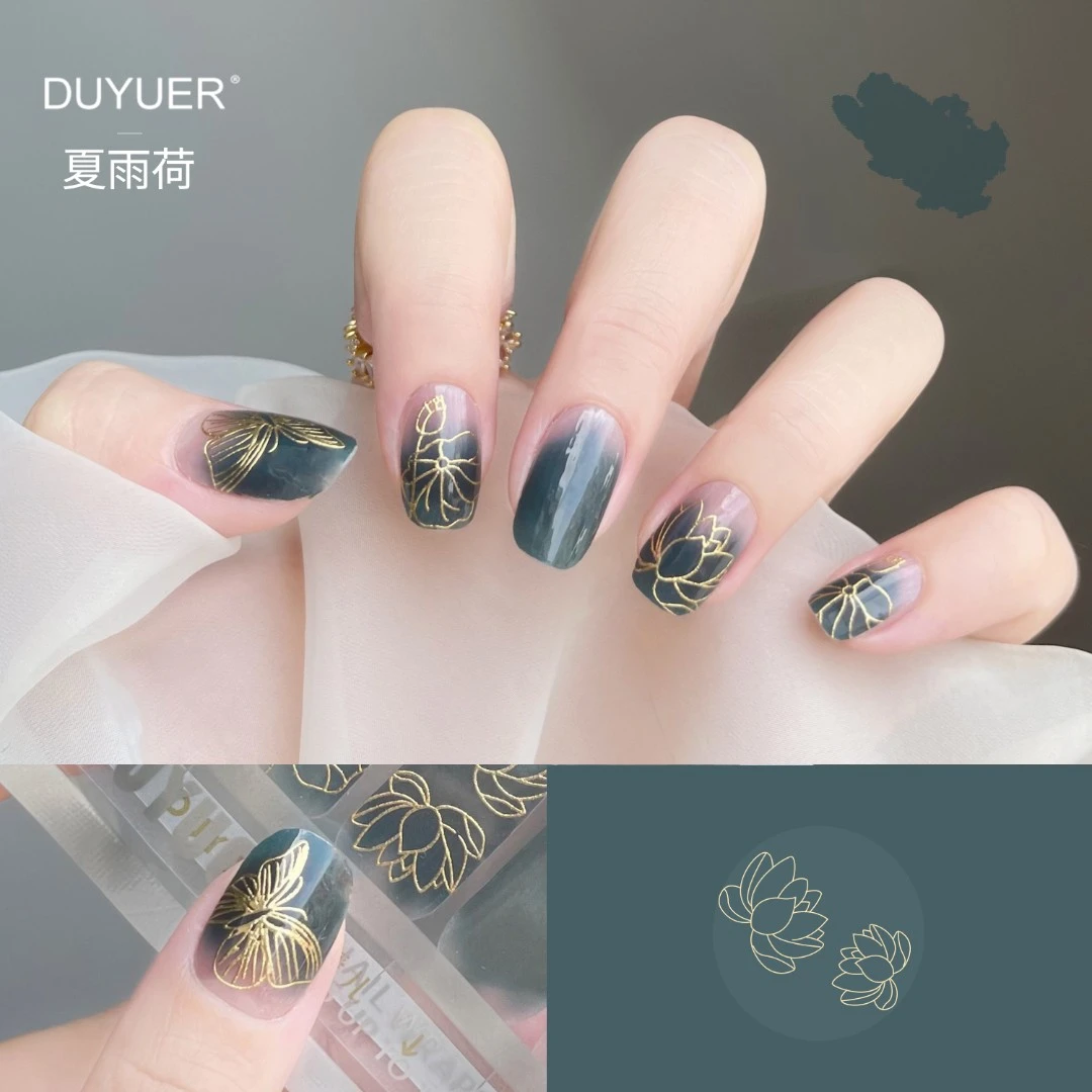 【免照灯】【夏雨荷】朵媛儿油画复古绿烫金荷花3D立体美甲贴纸穿戴甲