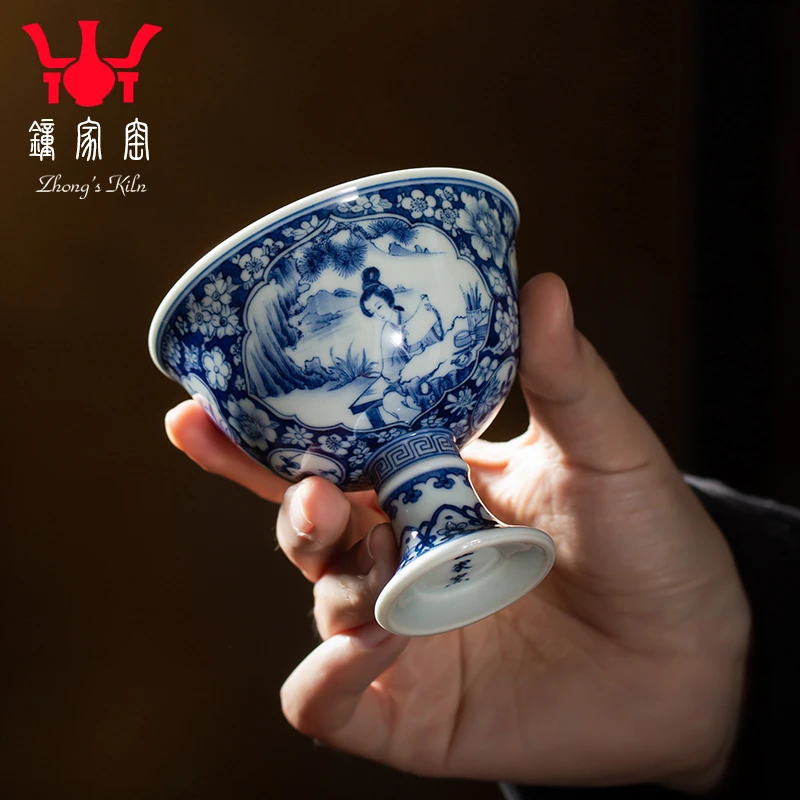 钟家窑主人杯茶杯 景德镇纯手绘万花开窗仕女高脚杯品茗功夫茶杯