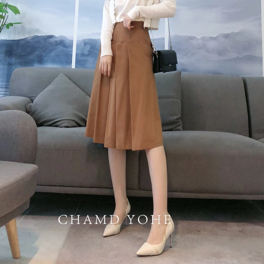 高定焦糖黄褶裥半裙（不退换）