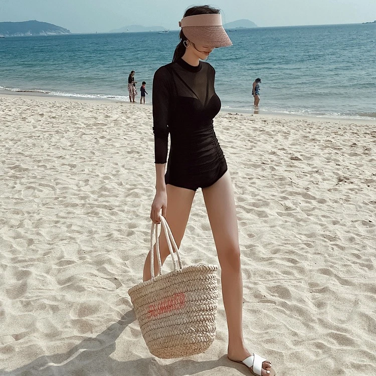 2025新款女士修身显瘦遮肚连体长袖泳衣适合海边ins风泳装