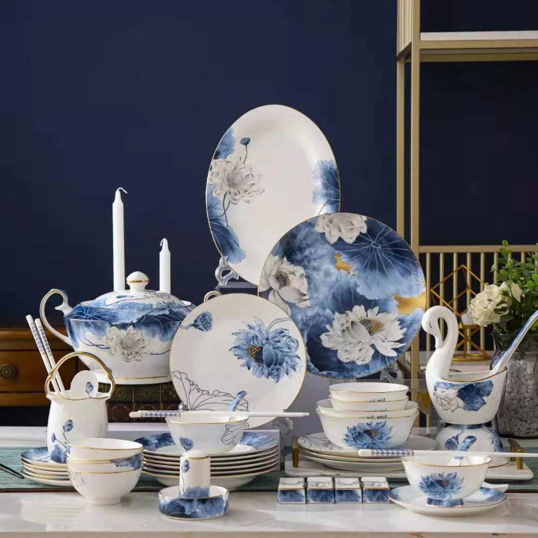 蒂伦兹陶瓷骨瓷餐具套装奢华新中式84头荷花餐具盘碗组合乔迁礼品