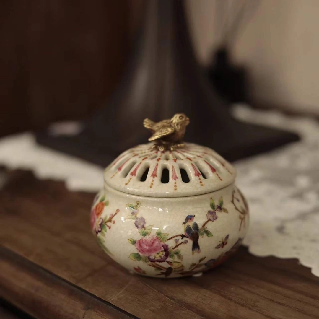 潇允饰家/纯手工小鸟香炉/铜配瓷春暖花开/桌面储物摆件家居摆件