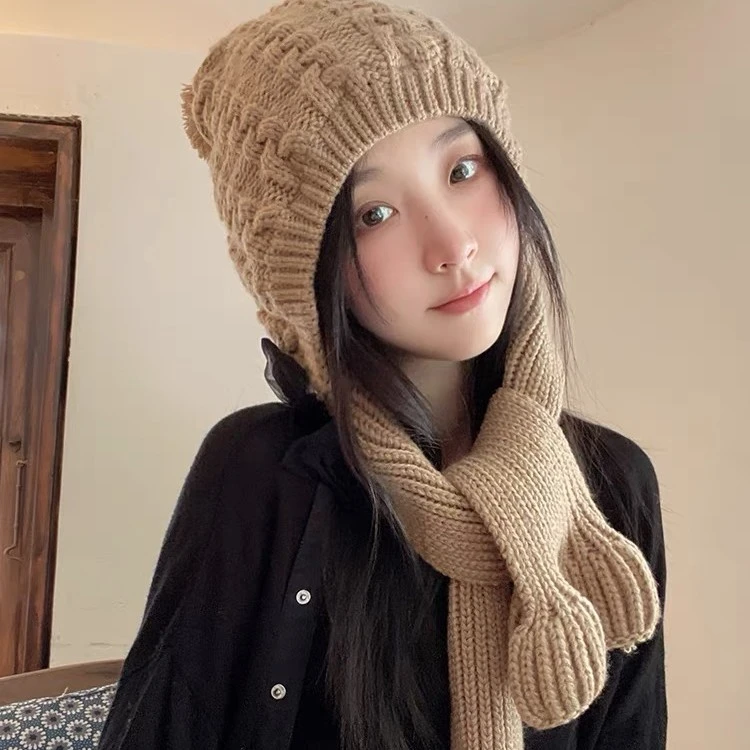 【加厚毛线帽子围巾两件套】户外加绒手工编织护耳骑车帽女