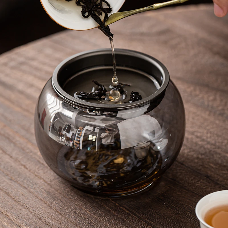 百垚手工日式大号茶洗玻璃建水带盖茶渣缸茶洗水盂功夫茶具配件